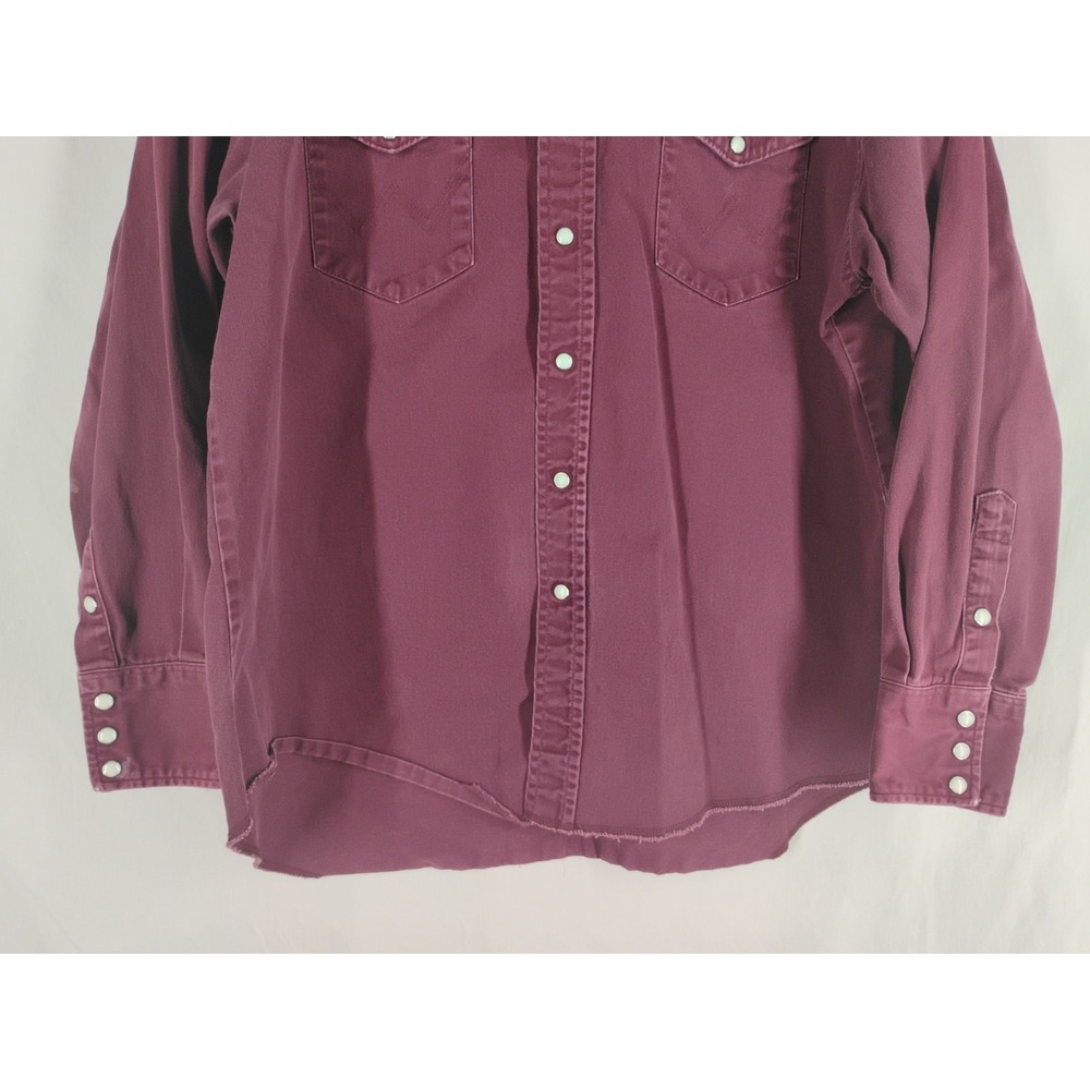 Vtg Wrangler 17 1/2 Mens XL Maroon Raw Edge Western Pearl Snap Button Up Shirt - Picture 3 of 11